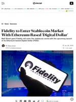 Fidelity to Enter Stablecoin Market With Ethereum-Based 'Digital Dollar' - Decrypt