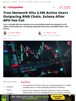 Tron Network Hits 2.5M Active Users Outpacing BNB Chain, Solana After 60% Fee Cut - Coinspeaker