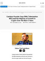 Cardano Founder Says RWA Tokenization Will Lead the Majority of Growth in Crypto Over the Next 5 Years