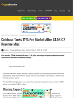 Coinbase Tanks 11% Pre-Market After $1.5B Q2 Revenue Miss