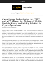 Clean Energy Technologies, Inc. (CETY) and METIS Power Inc. To Launch Mobile, Modular Power and Mining Solution for Crypto Operations