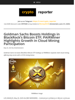 Goldman Sachs Boosts Holdings in BlackRock’s Bitcoin ETF; PAIRMiner Highlights Growth in Cloud Mining Participation