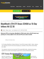 BlackRock’s ETH ETF Draws $546M as 10-Day Inflows Hit $2.1B