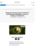 SharpLink Gaming Acquires 10,000 ETH from Ethereum Foundation, Grows Its Holding to 215,634 ETH
