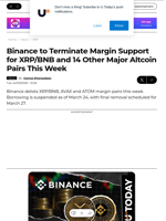 Binance to Terminate Margin Support for XRP/BNB and 14 Other Major Altcoin Pairs This Week - U.Today