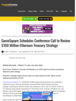 GameSquare Schedules Conference Call to Review $100 Million Ethereum Treasury Strategy