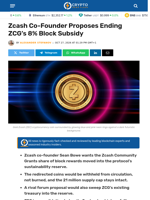 Zcash Co-Founder Proposes Ending ZCG’s 8% Block Subsidy - Crypto News Flash