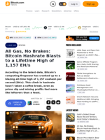 All Gas, No Brakes: Bitcoin Hashrate Blasts to a Lifetime High of 1,157 EH/s – Mining Bitcoin News