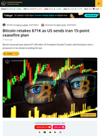 Bitcoin Rebounds 4% on Iran Ceasefire Hopes but Faces $72K Resistance