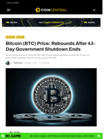 Bitcoin (BTC) Price: Rebounds After 43-Day Government Shutdown Ends - CoinCentral