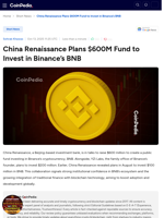 China Renaissance Plans $600M Fund to Invest in Binance’s BNB