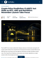 Crypto Price Prediction: CLARITY Act Stalls as BTC, XRP and Remittix's November Launch Take Focus - TechBullion