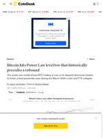 Bitcoin falls to lowest Power Law valuation zone since FTX collapse