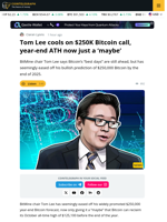 Bitcoin May Not Reach $250K By Year-End After All, Suggests Tom Lee