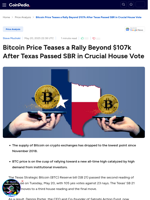 Bitcoin Price Teases a Rally Beyond $107k After Texas Passed SBR in Crucial House Vote