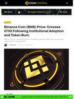Binance Coin (BNB) Price: Crosses $700 Following Institutional Adoption and Token Burn - CoinCentral