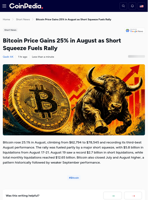 Bitcoin Price Gains 25% in August as Short Squeeze Fuels Rally