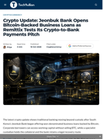 Crypto Update: Jeonbuk Bank Opens Bitcoin-Backed Business Loans as Remittix Tests Its Crypto-to-Bank Payments Pitch - TechBullion