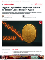 Crypto Liquidations Hit $624M as Bitcoin Loses Support Again
