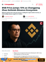 BNB Jumps 15% as CZ Defends Ecosystem Amid Rally