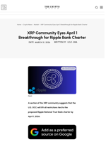XRP Community Eyes April 1 Breakthrough for Ripple Bank Charter
