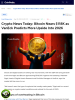 Crypto News Today: Bitcoin Nears $118K as VanEck Predicts More Upside Into 2026