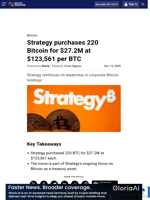 Strategy purchases 220 Bitcoin for $27.2M at $123,561 per BTC