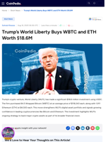 Trump’s World Liberty Buys WBTC and ETH Worth $18.6M