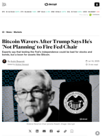 Bitcoin Wavers After Trump Says He's 'Not Planning' to Fire Fed Chair - Decrypt