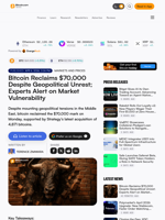 Bitcoin Reclaims $70,000 Despite Geopolitical Unrest; Experts Alert on Market Vulnerability – Markets and Prices Bitcoin News