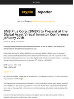 BNB Plus Corp. (BNBX) to Present at the Digital Asset Virtual Investor Conference January 27th