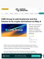 CME Group to add Avalanche and Sui futures to its crypto derivatives on May 4