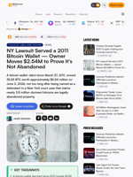 NY Lawsuit Served a 2011 Bitcoin Wallet — Owner Moves $2.54M to Prove It's Not Abandoned
