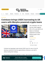 Coinbase brings USDC borrowing to UK users with Morpho powered crypto loans