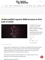 ArbitrumDAO reports $6M income in first half of 2026