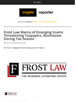 Frost Law Warns of Emerging Scams Threatening Taxpayers, Businesses During Tax Season