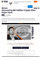 Binance CEO Stresses Binance's Help in Recovering $6.1 Million Crypto After Major Hack