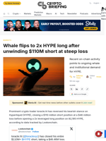 Whale flips to 2x HYPE long after unwinding $110M short at steep loss