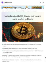 Metaplanet adds 775 Bitcoin to treasury amid market pullback - CoinJournal