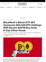 BlackRock's Bitcoin ETF IBIT Surpasses 600,000 BTC Holdings With Recent $267M Buy Amid 8-Day Inflow Streak - 