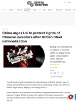 China urges UK to protect rights of Chinese investors after British Steel nationalization