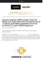 Canary Capital’s XRPC Larger Than All Other U.S. Spot XRP ETFs Combined as of 11/26/25 and HBR Establishes First-of-Its-Kind U.S. Spot HBAR Exposure