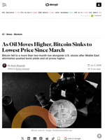 As Oil Moves Higher, Bitcoin Sinks to Lowest Price Since March - Decrypt