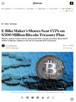 E-Bike Maker’s Shares Soar 135% on $500 Million Bitcoin Treasury Plan - Decrypt
