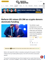 Reform UK raises £9.3M as crypto donors dominate funding