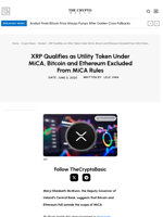 XRP Qualifies as Utility Token Under MiCA, Bitcoin and Ethereum Excluded From MiCA Rules