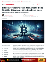 Bitcoin Firm Nakamoto Sells $20M in Bitcoin at 40% Realized Loss