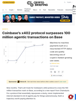 Coinbase's x402 protocol surpasses 100 million agentic transactions on Base