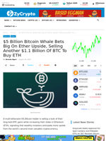 $5 Billion Bitcoin Whale Bets Big On Ether Upside, Selling Another $1.1 Billion Of BTC To Buy ETH ⋆ ZyCrypto