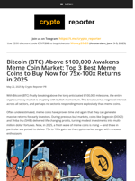 Bitcoin (BTC) Above $100,000 Awakens Meme Coin Market: Top 3 Best Meme Coins to Buy Now for 75x-100x Returns in 2025
